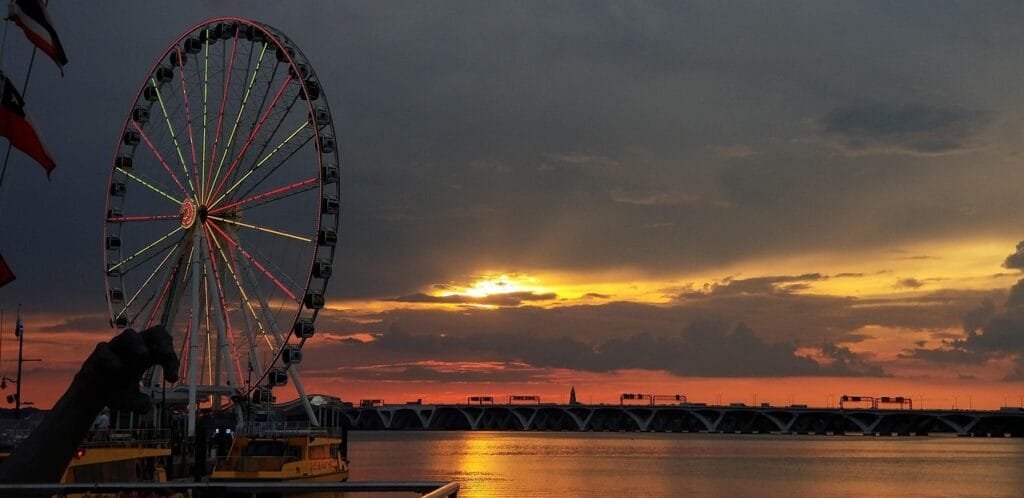 ferris wheel, sunset, nature, national harbor, maryland, potomac, dusk, evening