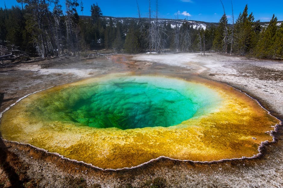 A colorful and steaming hot spring in Yellowstone National Park surrounded by stunning natural scenery.