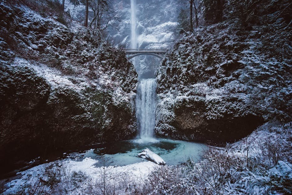 Best Insurance in Oregon 2025 02/22/2026 Scenic winter scene of snow-covered Multnomah Falls with a bridge in Oregon.
