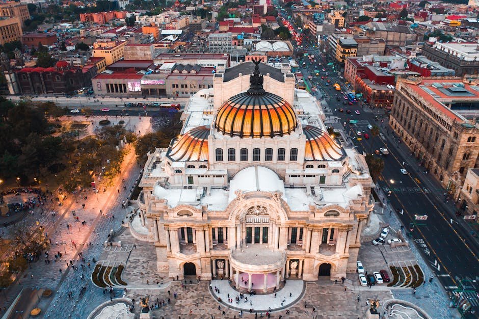 Stunning aerial shot of Palacio de Bellas Artes in Mexico City, showcasing its iconic architecture.