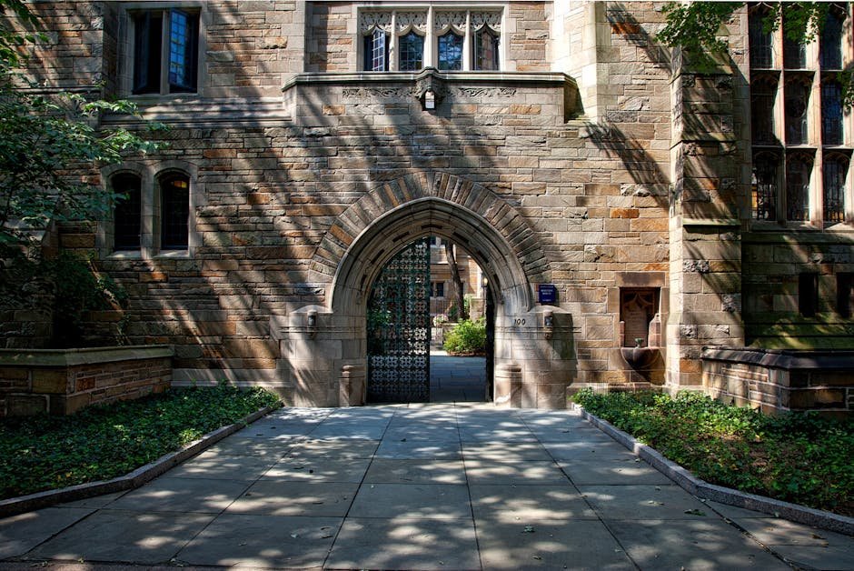 Gothic-style stone archway entrance at Yale University campus, surrounded by greenery.