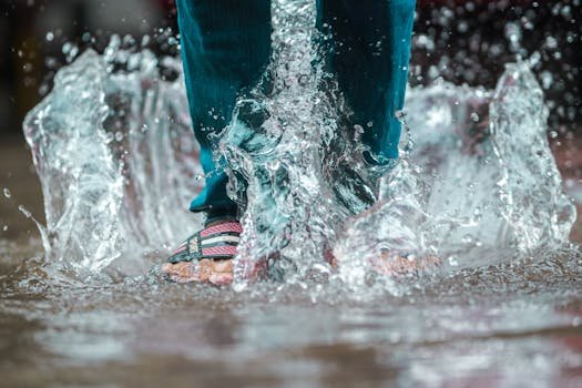 Close-up of feet splashing water in a puddle, creating dynamic motion.