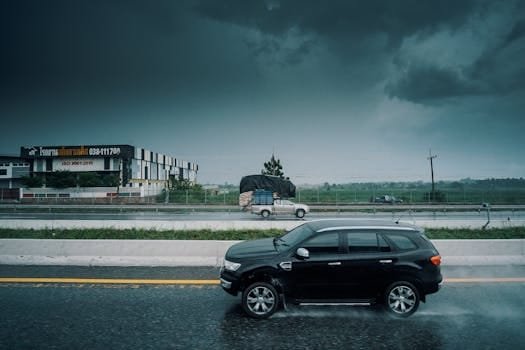 Black SUV travels on a rainy highway, showcasing stormy weather and transportation dynamics.