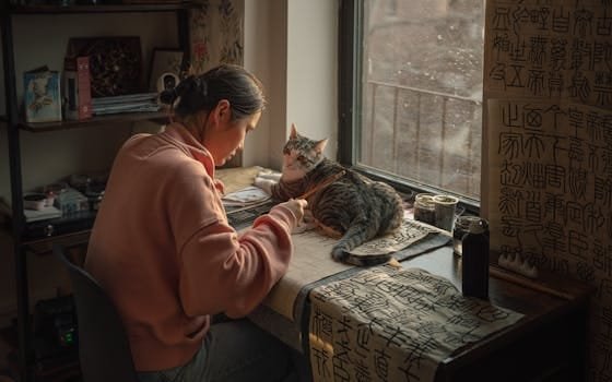 A woman focuses on Chinese calligraphy beside a cat in a cozy New York apartment.